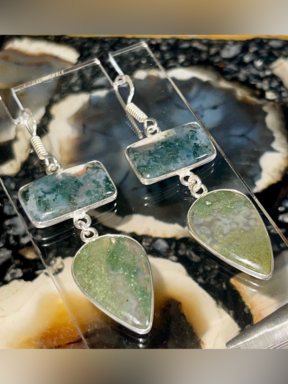 Mocha Stone Green Moss Agate Earrings 2 1/2”